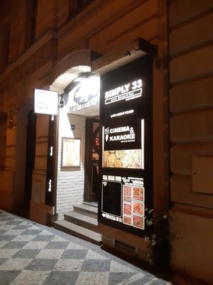 Entrance at night at Simply 33 in Prague