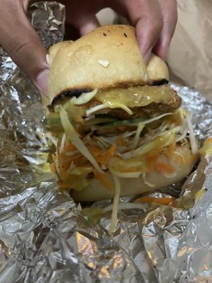 Tofu burger (bad lighting does not do this burger justice)  at Vegan Noise in San Jose