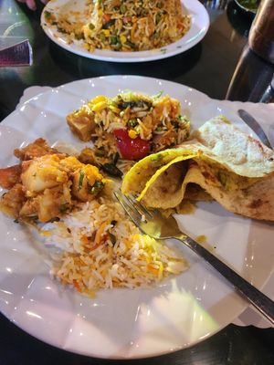 left: Aloo Gobi, top: Briyani, right: Aloo Paratha, bottom: rice at Karma Lounge in Yorba Linda