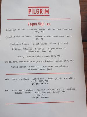 High Tea Vegan menu at Pilgrim Bar in Melbourne