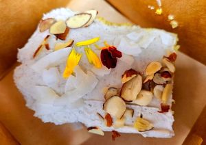 Saffron cake with coconut cream at Shru's Kitchen  in San Mateo