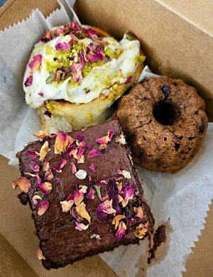 Cardamom cake with rose chocolate buttercream, Chai banana bundt bread,  cardamom pistachio rose roll at Shru's Kitchen  in San Mateo