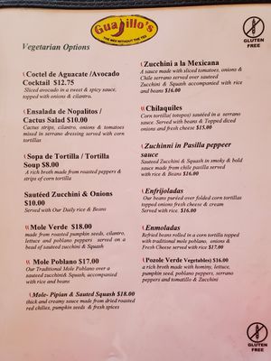 Vegetarian menu - can be customed vegan at Guajillos in Corpus Christi