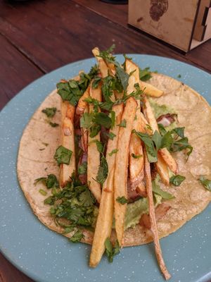 Mushroom Taco topped with fries at Seta Rosa in Ensenada