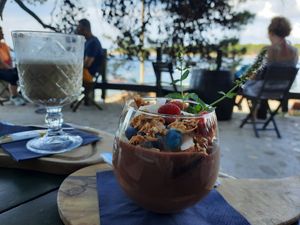 Maca latte...the best ever! And my favourite pudding❤❤❤ at Banova Villa Beach Bar in Rab