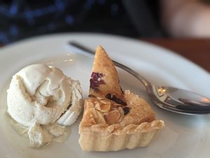 Looks good. Dry and rock solid Bakewell tart at The Leaping Salmon in Berwick-upon-tweed