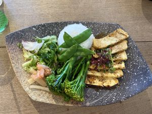 Tofu teriyaki with sticky rice and broccolini.  at Umi in Tenby