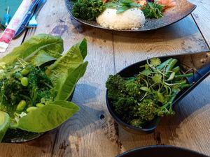 Broccoli in sesame. Seaweed with edamame beans at Umi in Tenby