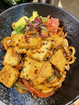 Chilli tofu udon (big portion with loadsss of tofu).  at Umi in Tenby