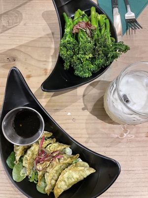 Gyoza with great dipping sauce and big portion of tasty sesame broccoli   at Umi in Tenby
