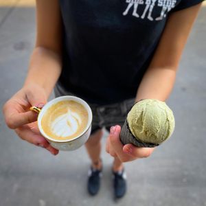Green tea ice cream and cappuccino at Vegan Ice Cream & Coffee in Prague