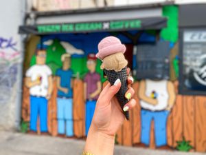 Tahini and strawberry icecream at Vegan Ice Cream & Coffee in Prague