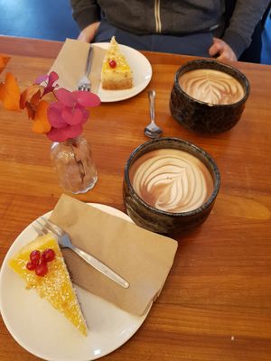 Kakao mit Hafermilch, veganer Kuchen des Tages at Nook in Vienna