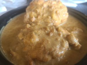Biscuits and gravy at The Rooted Vegan in Angola