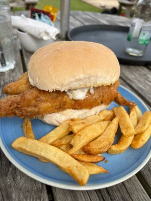 This is the vegan chip shop bap with battered banana blossom at The Ship Inn in Holt