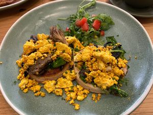 Scrambled tofu on house muffins at Bakery Andante in Edinburgh