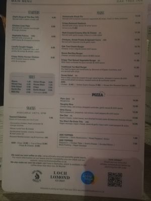 Menu at The Oak Tree Inn in Balmaha
