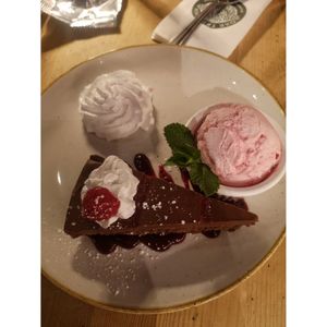Chocolate & Raspberry Tart With Raspberry Sorbet. at The Oak Tree Inn in Balmaha