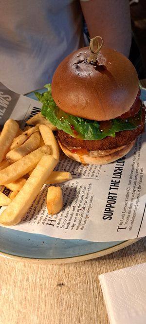 Burger and chips at The Oak Tree Inn in Balmaha