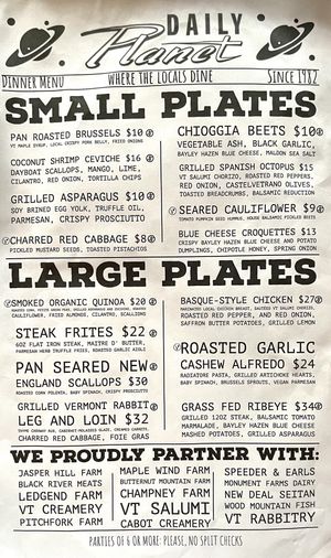 Menu 1/2 at Daily Planet in Burlington