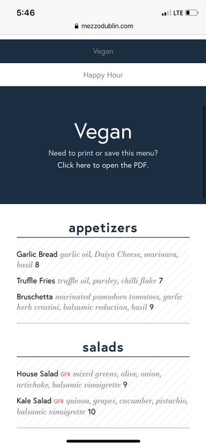 Vegan menu from online at Mezzo in Dublin