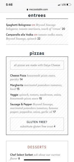 Vegan menu from online at Mezzo in Dublin