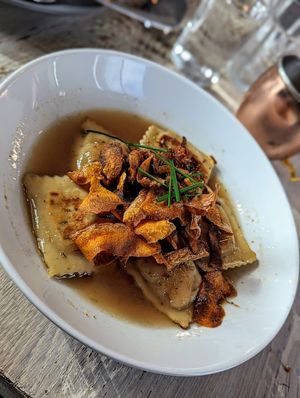 Seared Butternut Squash Tofu Ravioli Brodo at Mezzo in Dublin