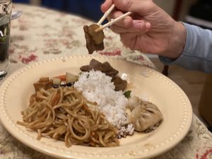 Vegetable chow mein, steamed rice, potsticker and broccoli and “beef"  at Lotus Garden in Eugene