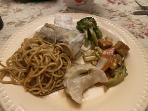 Chow mein, pot sticker, kung pao tofu, mu shu vegetable and steamed rice   at Lotus Garden in Eugene