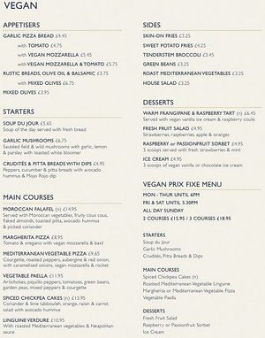 Vegan menu at Ego Mediterranean in Sheffield