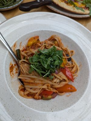 Vegan Roast Mediterranean Vegetables Linguine at Ego Mediterranean in Sheffield