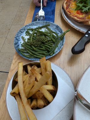 Sides; green beans with salsa Verde, & fries at Ego Mediterranean in Sheffield