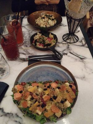 Vegan rissotto, smoked tofu salad and vegan dippery at Linea - Closer To The Moon in Bucharest