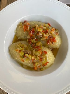 Cepelinai with mushroom filling and celery sauce at Burė in Nida