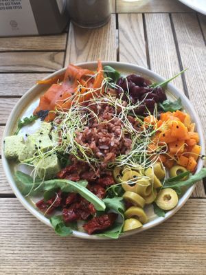 Carrot "salmon" salad with cashew cheese. at Burė in Nida