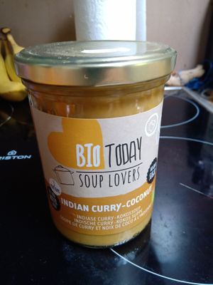 Jar of organic curry and coconut soup at Vegetarian World Supermarket in Nijmegen