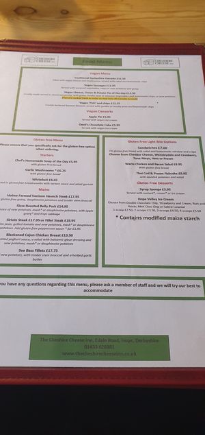 menu at The Cheshire Cheese Inn in Hope