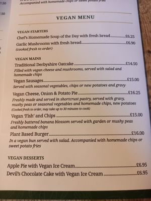 Vegan menu (May 2023)  at The Cheshire Cheese Inn in Hope