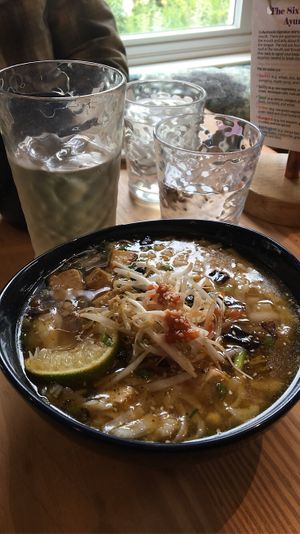 Vegan tofu noodle soup and tea  at Steamy Buddha in Ellsworth
