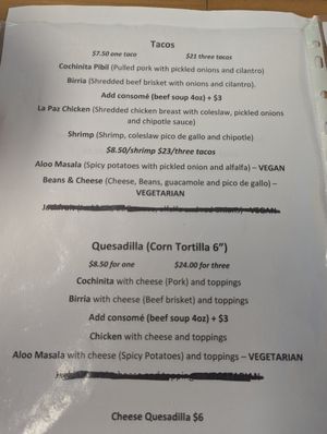 Menu July 2024 at Las Chulas in Tobermory