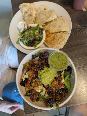 Vegan tofu quesadilla and vegan southwest salad bowl at Kayak Kafe - Broughton in Savannah