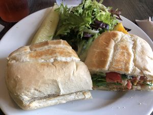 Crabless “Crab Cake” Panini (vegan as-is)  at Kayak Kafe - Broughton in Savannah