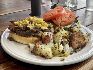 Black Bean Burger and potatoes  at Morning Glory Cafe in Eugene