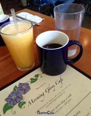 Body-ful mug of coffee and a generous (rated 'small' on menu!) glass of fresh-squeezed OJ at Morning Glory Cafe in Eugene