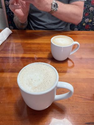 Chai on soy (front) latte on oat (back)  at Morning Glory Cafe in Eugene