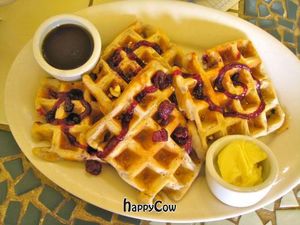 Vegan Cranberry Walnut Waffles with maple syrup and vegan spread at Morning Glory Cafe in Eugene