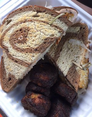 Tempeh Rueben Sandwich with tots at Morning Glory Cafe in Eugene