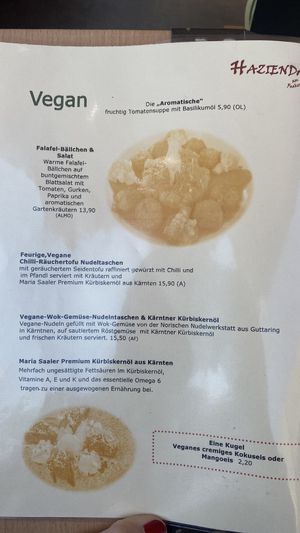 Vegan menu at Landhaus Hazienda in Villach
