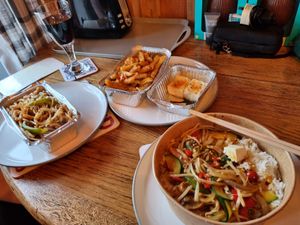 Chilli veg k-cup, Fried Vegetable Udon, Shichimi Tofu and salt and pepper chips at Tomita Sushi - Maybe closed in Isle Of Skye