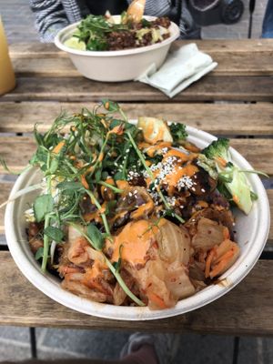 Today’s special, teriyaki “pork" with kimchi and rice. at Thai Vegan Kitchen in Helsinki